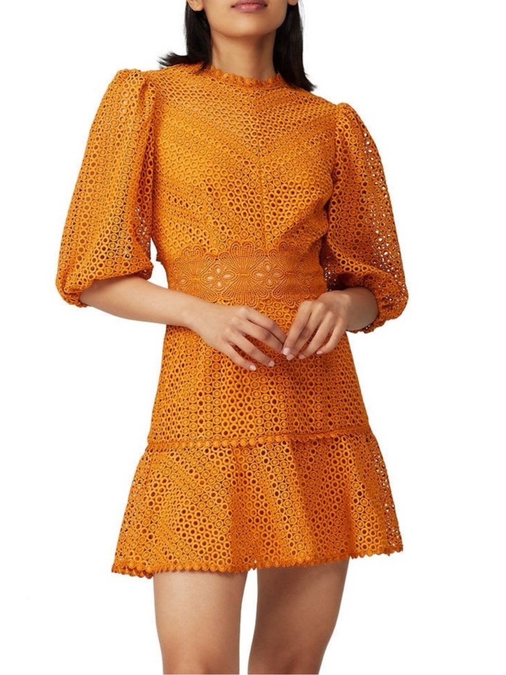 Saylor Milo Puff Sleeve Mini Dress Women’s Orange Eyelet Lace Short S